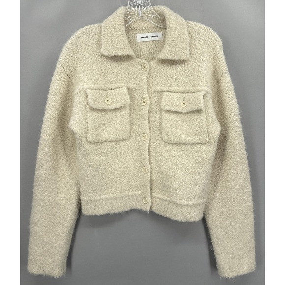 Samsøe Samsøe Jackets & Blazers - Samsoe Samsoe Jacket Womens Small Beige White Emilie Alpaca Blend Boucle Cropped